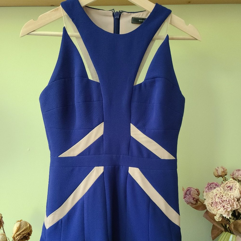 Fit and Flair Blue Dress with Sheer Panels